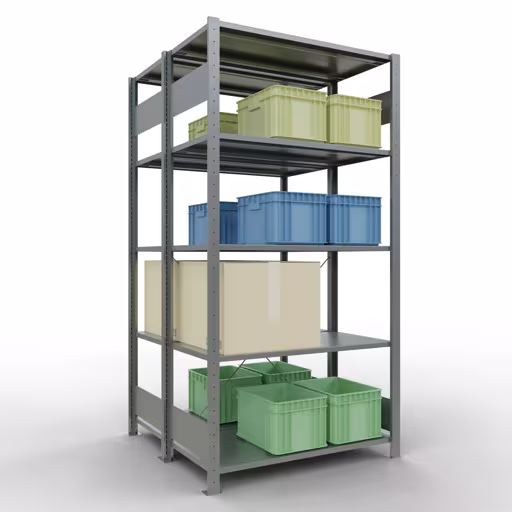 Productafbeelding nr. 15 van het artikel basisplank, dubbele plank, legplank-insteeksysteem MULTIplus150, 2000 x 1000 x (2x500) mm (HxBxD), 2x5 legborden, kruisschoor, verzinkt Afbeelding nr. 15 van het artikel basisrek, dubbel legbord, legbordinsteeksysteem MULTIplus150, 2000 x 1000 x (2x500) mm, 2x5 legborden, kruisschoor, verzinkt uit de productgroep legbordstellingen van Schulte Lagertechnik