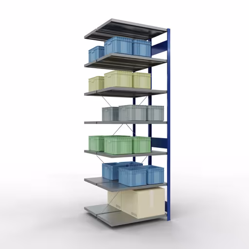 Productafbeelding nr. 13 van het artikel MULTIplus250 insteekstellingsysteem, 3000 x 1000 x (2x500) mm (HxBxD), 2x7 legborden, kruisschoor, RAL 7035 lichtgrijs/gentiaanblauw Productafbeelding nr. 13 van het artikel MULTIplus250 insteekstellingsysteem, 3000 x 1000 x (2x500) mm, 2x7 legborden, kruisschoor, RAL 7035 lichtgrijs/gentiaanblauw uit het assortiment legbordstellingen van Schulte Lagertechnik