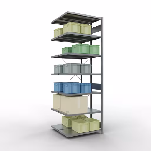 Andere weergave van het artikel Aanbouwstelling, dubbele stelling, stellingstelling insteeksysteem MULTIplus250, 3000 x 1000 x (2x500) mm, 2x7 legborden, kruisschoor, verzinkt uit de categorie dubbele stelling