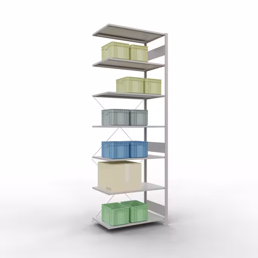 Productafbeelding nr. 15 van het artikel Aanbouwrekken, legbordstellingen, insteeksysteem MULTIplus85, 3000 x 1000 x 600 mm (HxBxD), 7 legborden, kruisschoor, RAL 7035 lichtgrijs Figuur nr. 15 van het artikel aanbouwrekken, legbordstellingen, insteeksysteem MULTIplus85, 3000 x 1000 x 600 mm, 7 legborden, RAL 7035 lichtgrijs uit de productgroep insteeksysteem van het merk Schulte Lagertechnik.