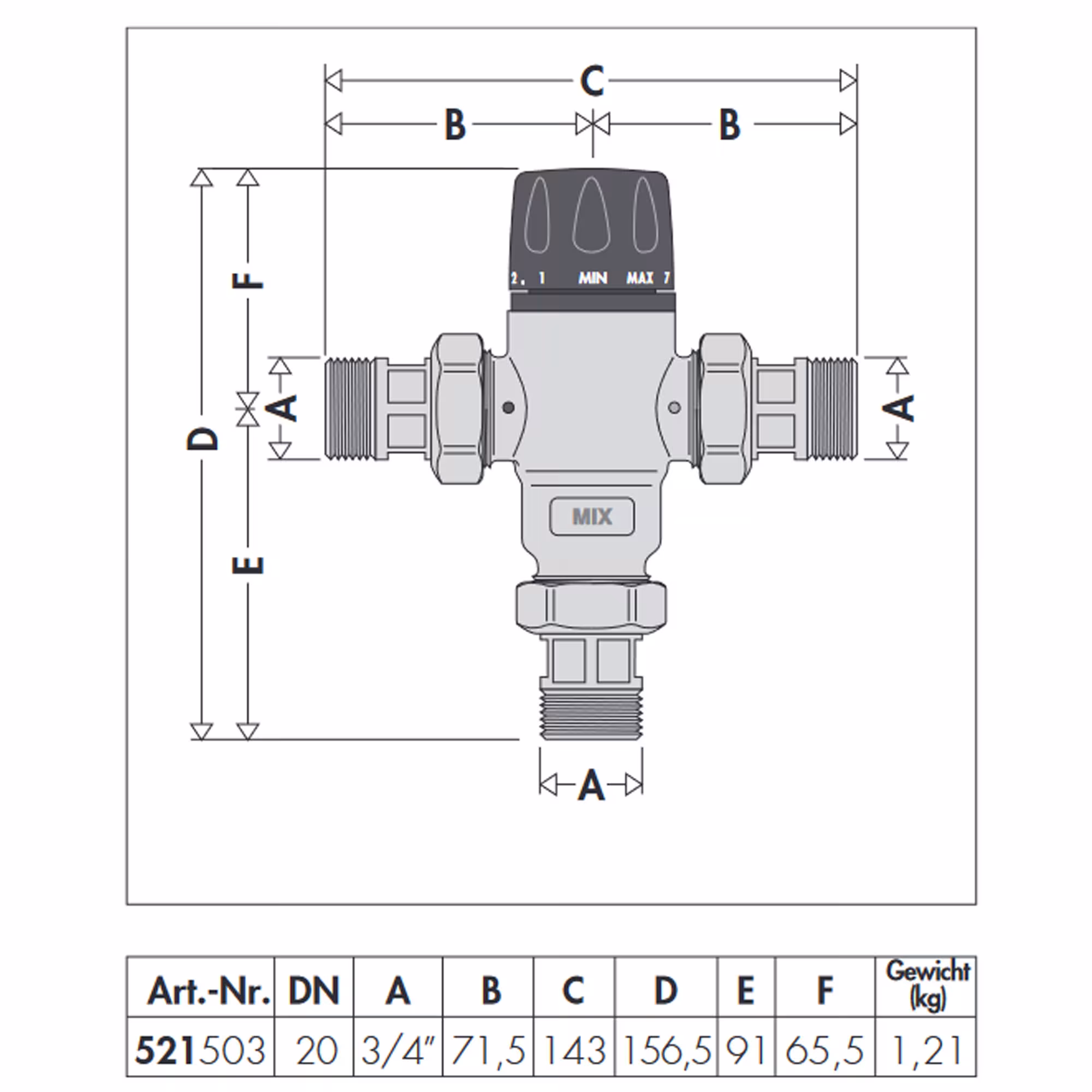 Thermische mengkraan 3/4" industriële watermengkraan inclusief schroefaansluitingen en terugslagklep van Caleffi met artikelnr. 521503