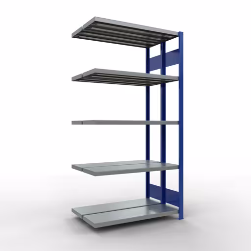 Aanbouwrekken, dubbele rekken, rekkensysteem MULTIplus250, 2000 x 1000 x (2x300) mm (HxBxD), 2x5 planken, lengtestangen, RAL 5010 gentiaanblauw van Schulte Lagertechnik Aanbouwrekken, dubbele rekken, stellingsysteem MULTIplus250, 2000 x 1000 x (2x300) mm (HxBxD), 2x5 legborden, lengtestangen, RAL 5010 gentiaanblauw, dubbele legborden, art.nr. 33235-B