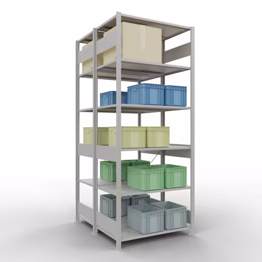 Basisplank, dubbele plank, stellingsysteem MULTIplus150, 2500 x 1000 x (2x600) mm (HxBxD), 2x6 planken, kruisschoor, RAL 7035 lichtgrijs met de GTIN 4004514208378 Basisplank, dubbele plank, plankinsteeksysteem MULTIplus150, 2500 x 1000 x (2x600) mm, 2x6 planken, RAL 7035 lichtgrijs van Schulte Lagertechnik met het artikelnr. 32761