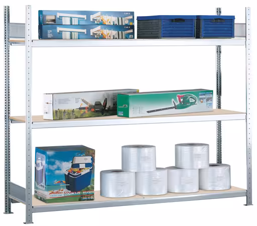 Figuur nr. 9 van het artikel basisrek, breedvakstelling WS 2000 met spaanplaat, 2000 x 2500 x 800 mm, verzinkt, 3 niveaus, vakbelasting 400 kg, uit de productgroep breedvakstellingen van Schulte Lagertechnik.