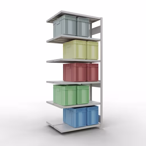 Aanbouwrekken, dubbele rekken, rekkensysteem MULTIplus250, 2500 x 1000 x (2x400) mm (HxBxD), 2x6 planken, lengtestangen, RAL 7035 lichtgrijs uit de categorie dubbele rekken met de GTIN 4004514270108 Aanbouwrekken, dubbele rekken, rekkensysteem MULTIplus250, 2500 x 1000 x (2x400) mm, 2x6 planken, lengtestangen, RAL 7035 lichtgrijs van Schulte Lagertechnik uit het rekkenprogramma