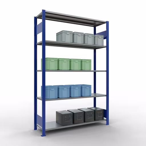 Basisplank, legplank, insteeksysteem MULTIplus150, 2000 x 1300 x 400 mm (HxBxD), 5 legborden, lengtestangen, RAL 5010 gentiaanblauw/verzinkt uit de categorie basisplanken met de GTIN 4004514279989 Basisplank, legbord, insteeksysteem MULTIplus150, 2000 x 1300 x 400 mm, 5 legborden, RAL 5010 gentiaanblauw/gegalvaniseerd van het merk Schulte Lagertechnik uit het assortiment insteeksysteem