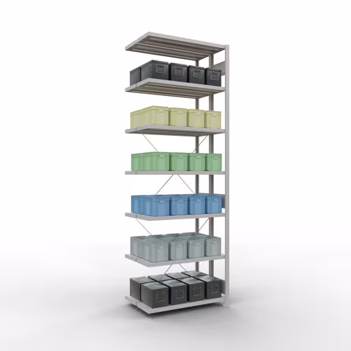 Aanbouwrekken, dubbele rekken, rekkensysteem MULTIplus250, 3000 x 1000 x (2x300) mm (HxBxD), 2x7 planken, kruisschoor, RAL 7035 lichtgrijs uit de categorie dubbele rekken met de GTIN 4058255035465 Aanbouwrekken, dubbele rekken, rekkensysteem MULTIplus250, 3000 x 1000 x (2x300) mm, 2x7 planken, kruisschoor, RAL 7035 lichtgrijs van Schulte Lagertechnik uit het rekkenprogramma