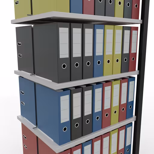 Productafbeelding nr. 14 van het artikel Aanbouwstelling, kantoorstelling, insteeksysteem MULTIplus150, 2300 x 750 x 600 mm, 7 legborden, lengtestangen, met middenaanslag, zwart/lichtgrijs Afbeelding nr. 14 van het artikel, kantoorrekken, insteeksysteem MULTIplus150, 2300 x 750 x 600 mm, 7 planken, met middenaanslag, zwart/lichtgrijs uit de productgroep kantoorrekken van Schulte Lagertechnik