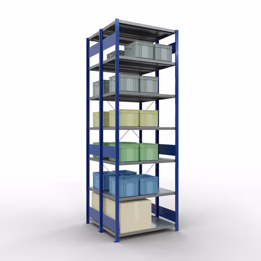 Basisplank, dubbele plank, rekkensysteem MULTIplus250, 3000 x 1000 x (2x500) mm (HxBxD), 2x7 planken, kruisschoor, gentiaanblauw uit de categorie dubbele rekken met de GTIN 4058255035526 Basisplank, dubbele plank, rekkensysteem MULTIplus250, 3000 x 1000 x (2x500) mm, 2x7 planken, kruisschoor, gentiaanblauw van Schulte Lagertechnik uit het rekkenassortiment