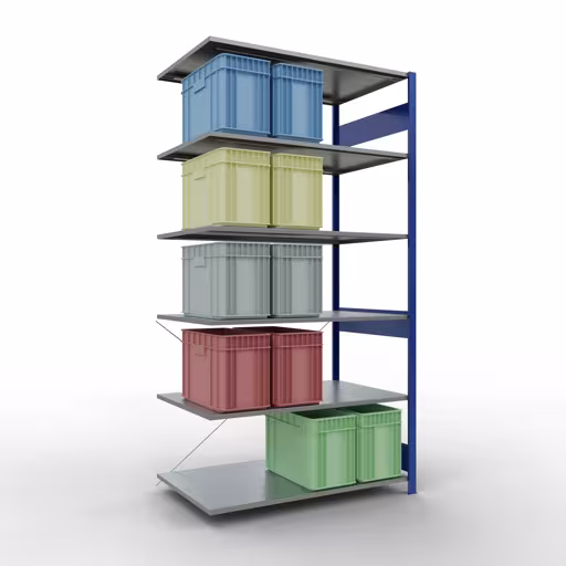 Aanbouwrekken, rekken, insteeksysteem MULTIplus150, 2500 x 1300 x 800 mm (HxBxD), 6 planken, kruisschoor, RAL 5010 gentiaanblauw/verzinkt met de GTIN 4004514281555 Aanbouwrekken, legbordstellingen, insteeksysteem MULTIplus150, 2500 x 1300 x 800 mm, 6 legborden, kruisschoor, RAL 5010 gentiaanblauw/verzinkt van Schulte Lagertechnik met artikelnr. 12786-130-B