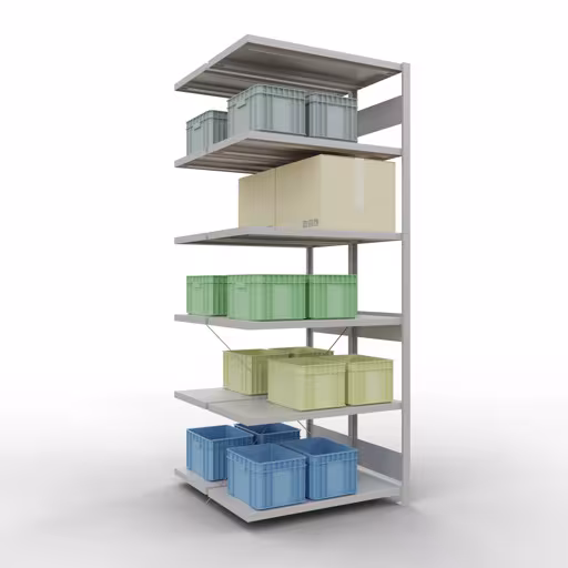 Andere weergave van het artikel Aanbouwplank, dubbele plank, rekkensysteem MULTIplus250, 2500 x 1000 x (2x500) mm, 2x6 planken, kruisschoor, RAL 7035 lichtgrijs uit de categorie rekken