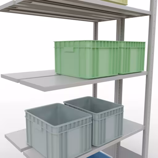 Aanbouwrekken, dubbele rekken, stellingsysteem MULTIplus150, 2000 x 1000 x (2x300) mm (HxBxD), 2x5 planken, lengtestangen, RAL 7035 lichtgrijs met artikelnr. 33135 Aanbouwrekken, dubbele rekken, rekkensysteem MULTIplus150, 2000 x 1000 x (2x300) mm, 2x5 planken, RAL 7035 lichtgrijs van Schulte Lagertechnik uit de categorie rekken