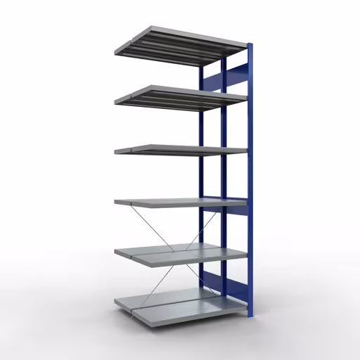 Aanbouwrekken, dubbele rekken, rekkensysteem MULTIplus250, 2500 x 1000 x (2x400) mm (HxBxD), 2x6 planken, kruisschoor, RAL 5010 gentiaanblauw van Schulte Lagertechnik Aanbouwrekken, dubbele rekken, stellingsysteem MULTIplus250, 2500 x 1000 x (2x400) mm (HxBxD), 2x6 planken, kruisschoor, RAL 5010 gentiaanblauw, dubbele planken, art.nr. 32146-A-B