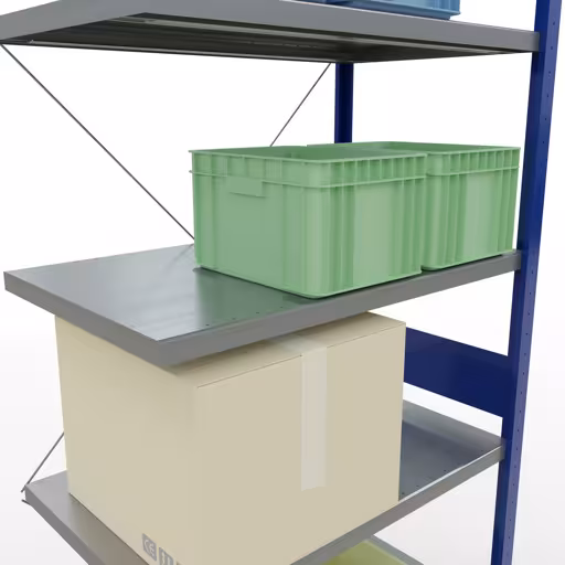 Productafbeelding nr. 13 van het artikel aanbouwplank, legbord, insteeksysteem MULTIplus250, 3000 x 1000 x 600 mm, 7 legborden, kruisschoor, RAL 5010 gentiaanblauw/verzinkt uit het insteeksysteem assortiment van het merk Schulte Lagertechnik