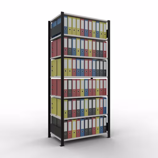 Productafbeelding nr. 13 van het artikel basisplank, kantoorplank, insteeksysteem MULTIplus150, 2300 x 1000 x 600 mm, 7 planken, lengtestangen, met middenaanslag, zwart/lichtgrijs Figuur nr. 13 van het artikel, kantoorrekken, insteeksysteem MULTIplus150, 2300 x 1000 x 600 mm, 7 planken, met middenaanslag, zwart/lichtgrijs uit de productgroep kantoorrekken van Schulte Lagertechnik.