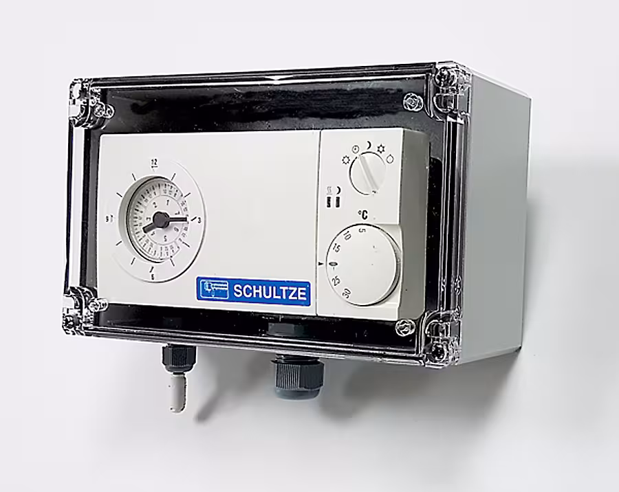 Elektronische klokthermostaat voor natte ruimtes - beschermingsklasse IP67 van het merk Schultze uit het radiatorassortiment
