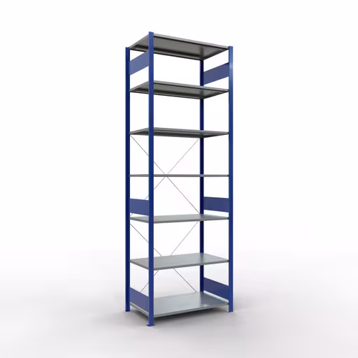 Basisplank, legplank, insteeksysteem MULTIplus150, 3000 x 1000 x 600 mm (HxBxD), 7 legborden, kruisschoor, RAL 5010/verzinkt, basisplank, art.nr. 12762-B