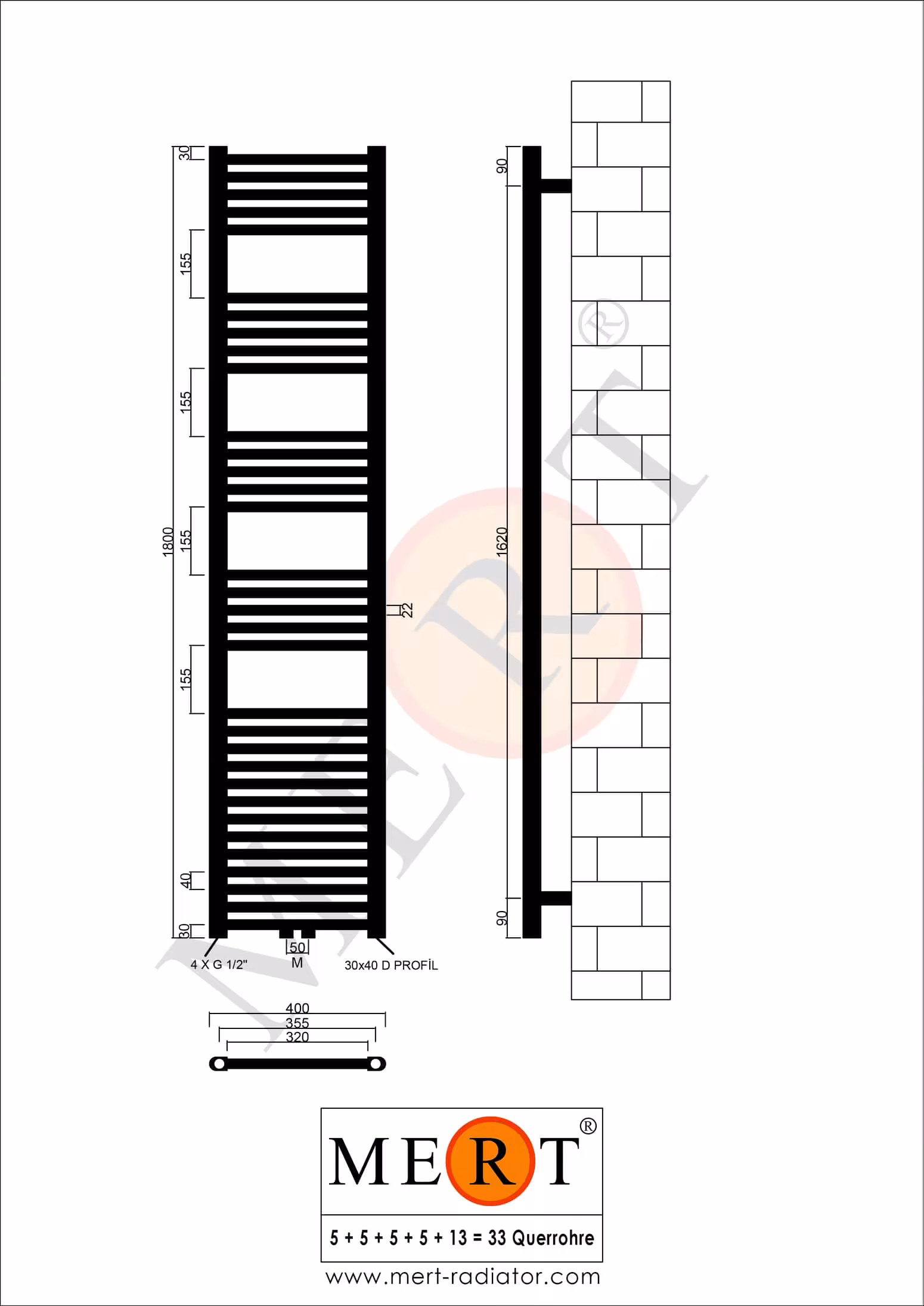 MERT badkamerradiator wit recht, 400*1800 mm, middenaansluiting van MERT uit de categorie radiatoren