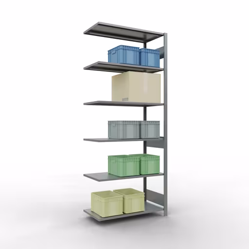 Aanbouwrekken, legborden, insteeksysteem MULTIplus150, 2500 x 1000 x 500 mm (HxBxD), 6 legborden, lengtestangen, verzinkt met GTIN 4004514280725 Aanbouwrekken, legbordstellingen, insteeksysteem MULTIplus150, 2500 x 1000 x 500 mm, 6 legborden, lengtestangen, verzinkt van Schulte Lagertechnik met artikelnr. 12756-LR