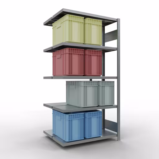 Aanbouwstelling, dubbele stelling, stellingsysteem MULTIplus250, 2000 x 1000 x (2x400) mm (HxBxD), 2x5 planken, lengtestangen, verzinkt uit de categorie dubbele stelling met de GTIN 4004514262042 Aanbouwrekken, dubbele rekken, rekkensysteem MULTIplus250, 2000 x 1000 x (2x400) mm, 2x5 planken, lengtestangen, verzinkt van Schulte Lagertechnik uit het rekkenprogramma