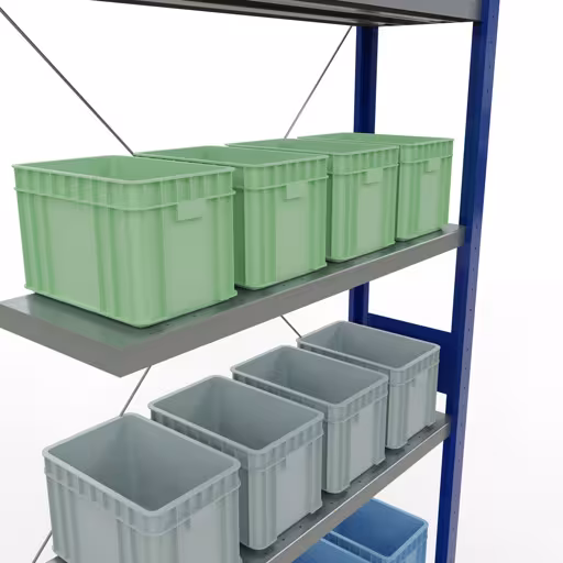 Extra afbeelding van het artikel Aanbouwplank, stellingkast MULTIplus330 insteeksysteem, 3000 x 1000 x 300 mm (HxBxD), 7 legborden, kruisschoor, RAL 5010 gentiaanblauw/verzinkt vanaf aanbouwplank