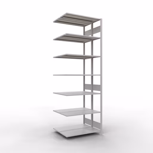 Aanbouwrekken, dubbele rekken, stellingsysteem MULTIplus150, 3000 x 1000 x (2x400) mm (HxBxD), 2x7 planken, lengtestangen, RAL 7035 lichtgrijs, dubbele planken, art.nr. 33147