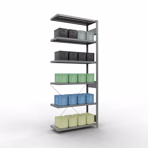 Aanbouwrekken, legbordstellingen, insteeksysteem MULTIplus330, 2500 x 1000 x 400 mm (HxBxD), 6 legborden, kruisschoor, verzinkt van Schulte Lagertechnik met artikelnr. 13946