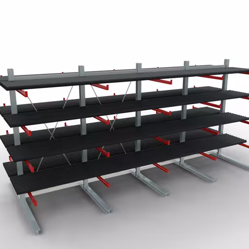 Productafbeelding nr. 12 van artikel K 6000 compleet legbord, dubbelzijdig, 3000 x 6000 x 2x 1250 mm, RAL 7001 / RAL 3000, 5 opslagniveaus Afbeelding nr. 12 van het artikel K 6000 complete stelling, dubbelzijdig, 3000 x 6000 x 2x 1250 mm, RAL 7001 / RAL 3000, 5 opslagniveaus uit de productgroep draagarmstellingen van Schulte Lagertechnik