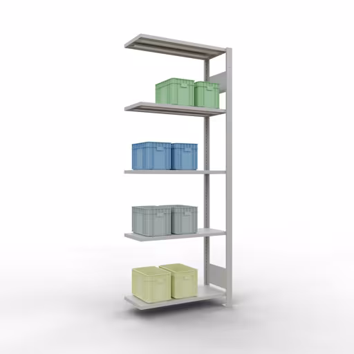 Aanbouwrekken, legborden, insteeksysteem MULTIplus150, 2000 x 750 x 300 mm (HxBxD), 5 legborden, lengtestangen, RAL 7035 lichtgrijs met artikelnr. 32635-75-LR Aanbouwrekken, rekken, insteeksysteem MULTIplus150, 2000 x 750 x 300 mm, 5 planken, lengtestangen, RAL 7035 lichtgrijs van Schulte Lagertechnik uit de categorie insteeksystemen