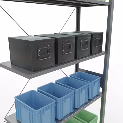 Productafbeelding nr. 14 van het artikel Aanbouwrekken, legbordstellingen, insteeksysteem MULTIplus150, 3000 x 1000 x 400 mm (HxBxD), 7 legborden, kruisschoor, verzinkt Afbeelding nr. 14 van het artikel aanbouwrekken, stellingrekken, insteeksysteem MULTIplus150, 3000 x 1000 x 400 mm, 7 legborden, verzinkt uit de productgroep insteeksysteem van het merk Schulte Lagertechnik