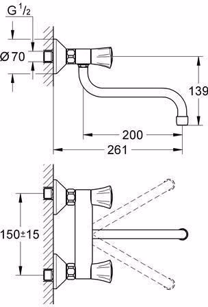Technische Zeichnung 3974667 GROHE Duoknop-spoelmengkraan Costa 31187 DN 15 wandmontage chroom