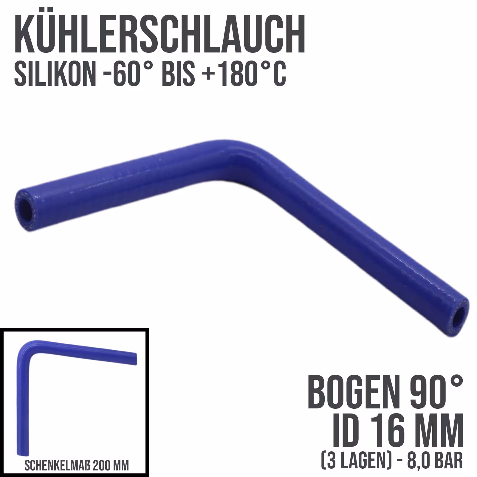16 x 24 mm radiateurslang siliconen bocht 90° LLK inlaatlucht koelvloeistofslang blauw (8,0 bar) - 200mm uit de categorie koelvloeistofslangen met het artikelnummer KSB016-090-200GA