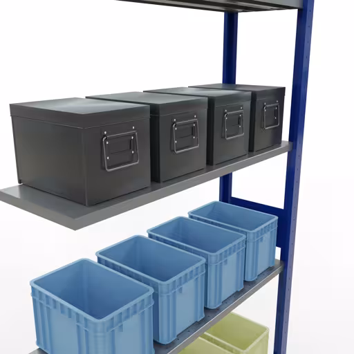 Productafbeelding nr. 15 van het artikel Aanbouwrekken, legbordstellingen, insteeksysteem MULTIplus85, 3000 x 1000 x 300 mm (HxBxD), 7 legborden, lengtestangen, RAL 5010 gentiaanblauw Figuur nr. 15 van het artikel aanbouwrekken, legbordstellingen, insteeksysteem MULTIplus85, 3000 x 1000 x 300 mm, 7 legborden, RAL 5010 gentiaanblauw uit de productgroep insteeksysteem van het merk Schulte Lagertechnik.