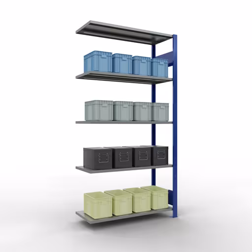 Aanbouwrekken, rekken, insteeksysteem MULTIplus150, 2000 x 1000 x 400 mm (HxBxD), 5 legborden, lengtestangen, RAL 5010 gentiaanblauw/verzinkt met de GTIN 4004514280169 Aanbouwrekken, rekken, insteeksysteem MULTIplus150, 2000 x 1000 x 400 mm, 5 legborden, lengtestangen, RAL 5010 gentiaanblauw/verzinkt van Schulte Lagertechnik met artikelnr. 12745-LR-B
