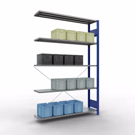 Aanbouwrekken, rekken, insteeksysteem MULTIplus150, 2000 x 1300 x 300 mm (HxBxD), 5 legborden, kruisschoor, RAL 5010 gentiaanblauw/verzinkt uit de categorie aanbouwrekken met GTIN 4004514279668 Aanbouwrekken, rekken, insteeksysteem MULTIplus150, 2000 x 1300 x 300 mm, 5 legborden, RAL 5010 gentiaanblauw/gegalvaniseerd van het merk Schulte Lagertechnik uit het assortiment insteeksysteem