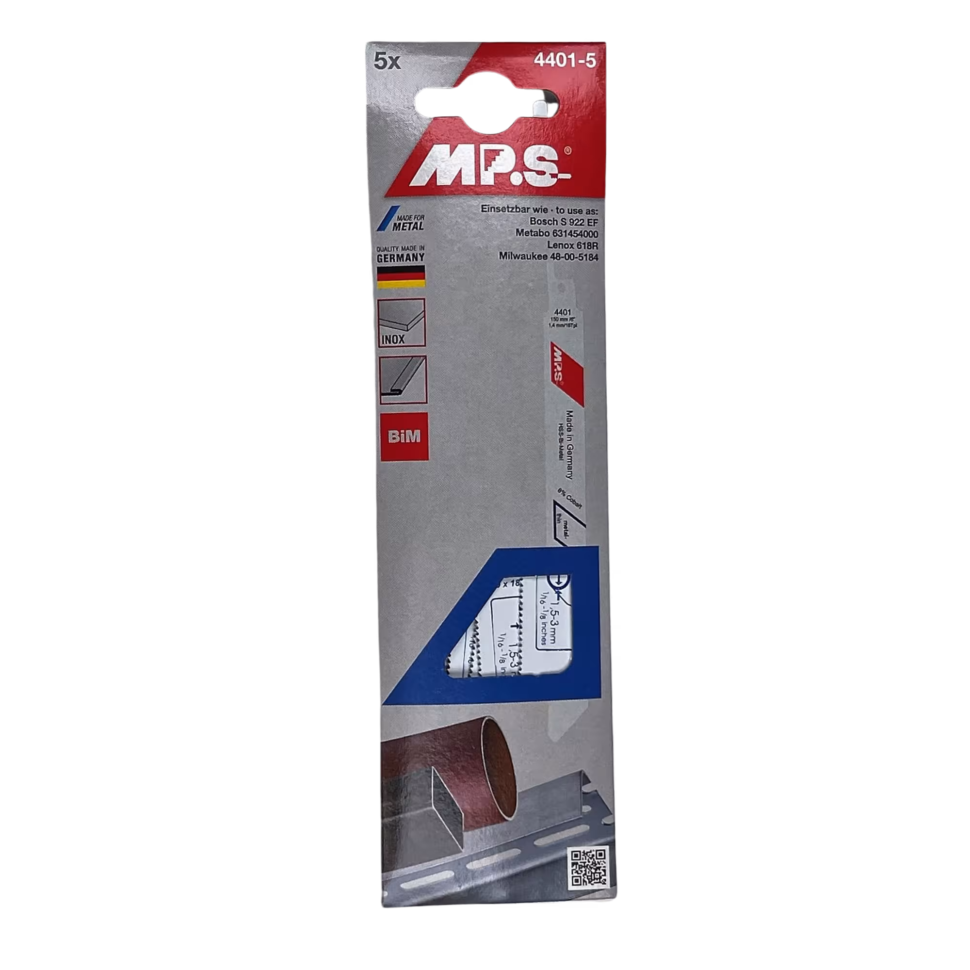 MPS bimetaal reciprozaagblad gefreesd en ingesteld voor het bewerken van hout en metalen materialen. Totale lengte: 150 mm met GTIN 4028655044015 Bimetaal-reciprozaagblad gefreesd en gezet totale lengte 150/vertande lengte 130 mm, tandsteek 1,4 mm van MPS met art.nr. 4401-5