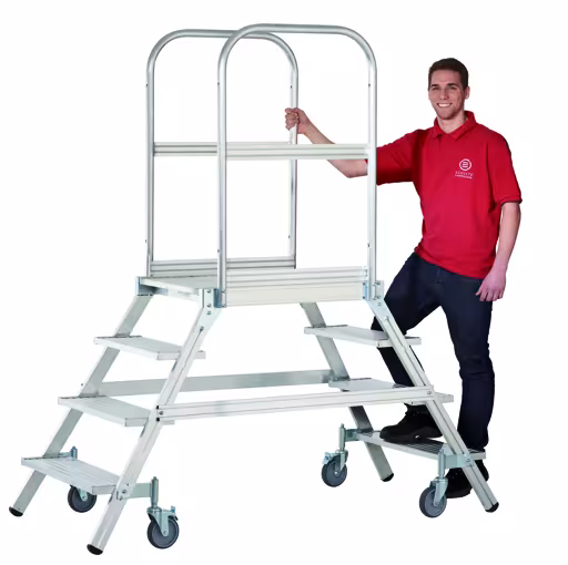 Aluminium bordesladder, aan beide zijden begaanbaar, voorzien van wielen, werkhoogte ca. 3,00 m. van Schulte Lagertechnik Aluminium bordesladder, van beide zijden bereikbaar, met wielen, werkhoogte ca. 3,00 m, bordestrap, art.nr. 34878