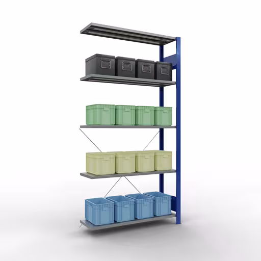 Productafbeelding nr. 15 van het artikel Aanbouwrekken, legbordstellingen, insteeksysteem MULTIplus85, 2000 x 1000 x 300 mm (HxBxD), 5 legborden, kruisschoor, RAL 5010 gentiaanblauw Figuur nr. 15 van het artikel aanbouwrekken, legbordinsteeksysteem MULTIplus85, 2000 x 1000 x 300 mm, 5 legborden, RAL 5010 gentiaanblauw uit de productgroep insteeksysteem van het merk Schulte Lagertechnik.