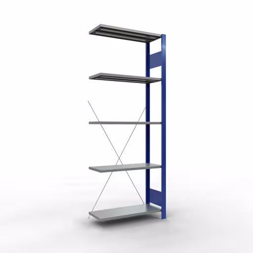 Andere weergave van het artikel Aanbouwplank, legbord, insteeksysteem MULTIplus150, 2000 x 750 x 300 mm, 5 legborden, kruisschoor, RAL 5010 gentiaanblauw/verzinkt/verzinkt uit de categorie insteeksysteem