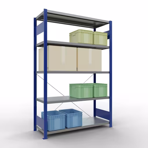 Productafbeelding nr. 15 van het artikel basisplank, legbord, insteeksysteem MULTIplus250, 2000 x 1300 x 500 mm (HxBxD), 5 legborden, kruisschoor, RAL 5010 gentiaanblauw/verzinkt Figuur nr. 15 van het artikel basisrek, legbord, insteeksysteem MULTIplus250, 2000 x 1300 x 500 mm, 5 legborden, kruisschoor, RAL 5010 gentiaanblauw/verzinkt uit de insteeksysteem productgroep van Schulte Lagertechnik.