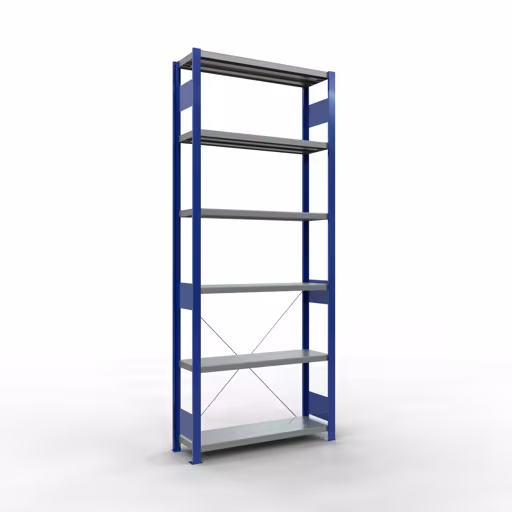 Basisplank, legbord, insteeksysteem MULTIplus250, 2500 x 1000 x 300 mm (HxBxD), 6 legborden, kruisschoor, RAL 5010 gentiaanblauw/verzinkt, basisplank, art.nr. 12931-B