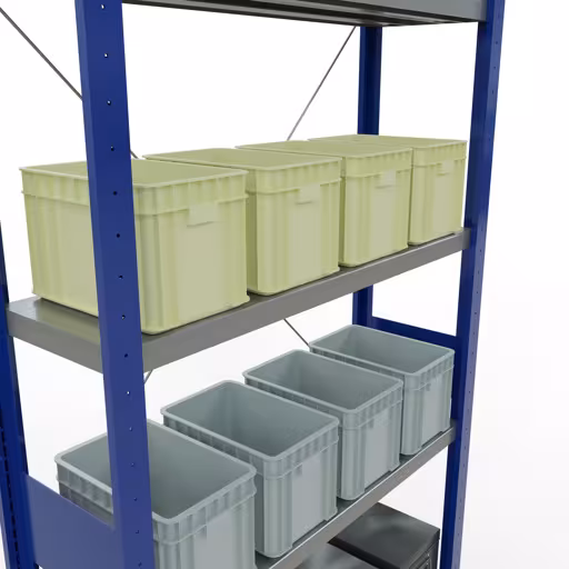 Productafbeelding nr. 8 van het artikel basisplank, legbord, insteeksysteem MULTIplus250, 3000 x 1000 x 300 mm, 7 legborden, kruisschoor, RAL 5010 gentiaanblauw/verzinkt uit het insteeksysteem assortiment van het merk Schulte Lagertechnik