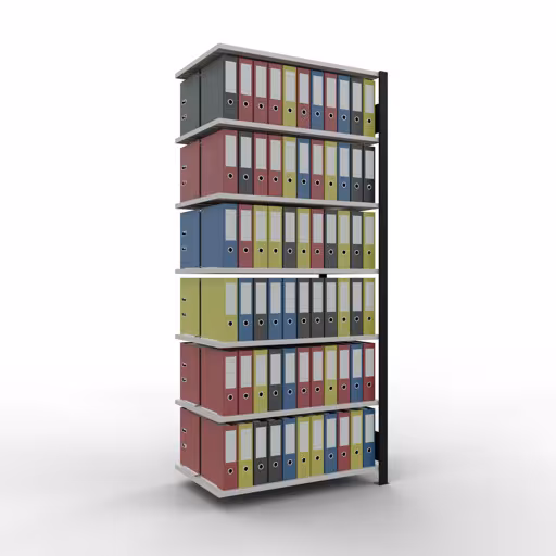 Aanbouwrekken, kantoorrekken, insteeksysteem MULTIplus150, 2300 x 1000 x 600 mm, 7 planken, lengtestangen, met middenaanslag, zwart/lichtgrijs van Schulte Lagertechnik met artikelnr. 36052-S