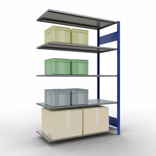 Aanbouwrekken, legborden, insteeksysteem MULTIplus150, 2000 x 1300 x 600 mm (HxBxD), 5 legborden, lengtestangen, RAL 5010 gentiaanblauw/verzinkt met de GTIN 4004514281043 Aanbouwrekken, rekken, insteeksysteem MULTIplus150, 2000 x 1300 x 600 mm, 5 legborden, lengtestangen, RAL 5010 gentiaanblauw/verzinkt van Schulte Lagertechnik met artikelnr. 12765-130-LR-B