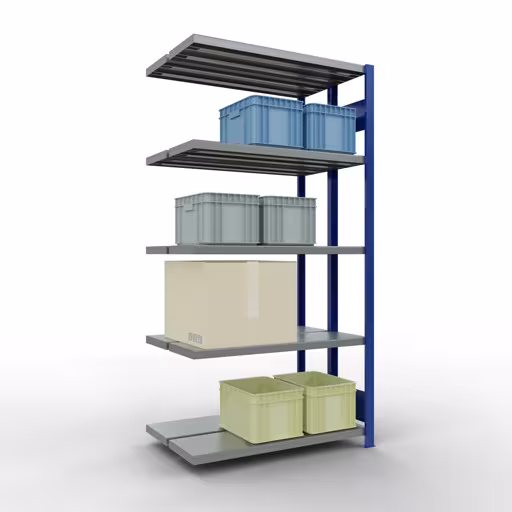 Extra afbeelding van het artikel Aanbouwplank, dubbele plank, legplank-insteeksysteem MULTIplus250, 2000 x 1000 x (2x300) mm, 2x5 legborden, lengtestangen, RAL 5010 gentiaanblauw uit dubbele legborden