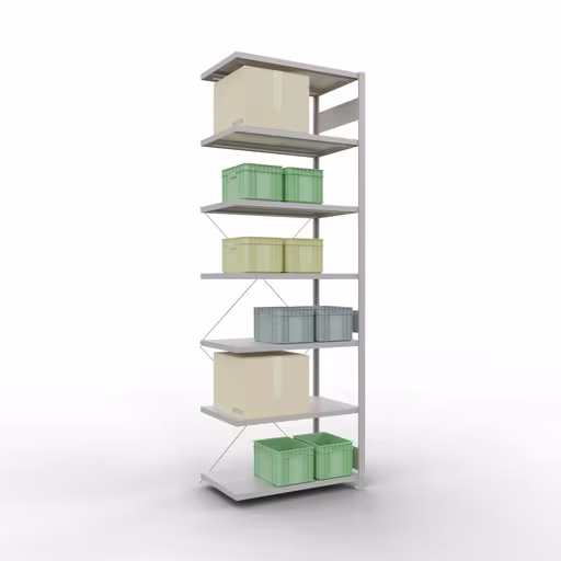 Aanbouwstelling, stelling MULTIplus250 insteeksysteem, 3000 x 1000 x 600 mm (HxBxD), 7 legborden, kruisschoor, RAL 7035 lichtgrijs met de GTIN 4004514204196 Aanbouwrekken, legbordstellingen, insteeksysteem MULTIplus250, 3000 x 1000 x 600 mm, 7 legborden, kruisschoor, RAL 7035 lichtgrijs van Schulte Lagertechnik met artikelnr. 32867