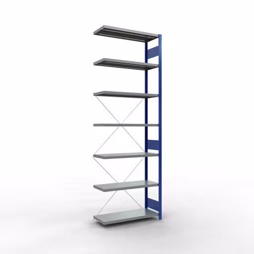 Aanbouwrekken, rekken, insteeksysteem MULTIplus330, 3000 x 1000 x 400 mm (HxBxD), 7 planken, kruisschoor, RAL 5010 gentiaanblauw/gegalvaniseerd van Schulte Lagertechnik Aanbouwrekken, rekken, insteeksysteem MULTIplus330, 3000 x 1000 x 400 mm (HxBxD), 7 legborden, kruisschoor, RAL 5010 gentiaanblauw/verzinkt, aanbouwplank, art.nr. 13947-B