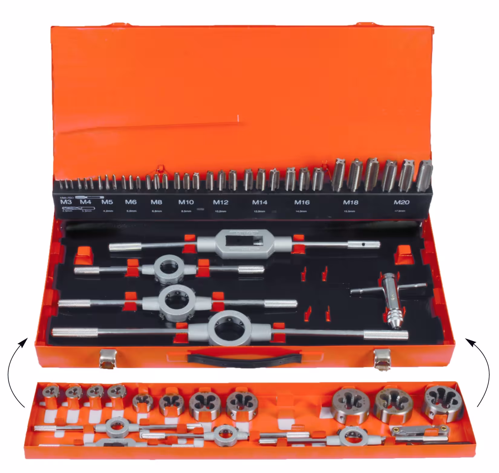 Draadsnijgereedschapset HSS-G 55-delig M3-M20 in metalen koffer, schroevendraaier, art.nr. 91005