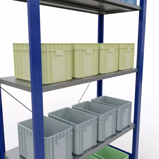 Productafbeelding nr. 13 van het artikel basisplank, legbord, insteeksysteem MULTIplus85, 2000 x 1000 x 400 mm (HxBxD), 5 legborden, kruisschoor, RAL 5010 gentiaanblauw Figuur nr. 13 van het artikel basisrek, legplank-insteeksysteem MULTIplus85, 2000 x 1000 x 400 mm, 5 legborden, RAL 5010 gentiaanblauw uit de productgroep insteeksysteem van het merk Schulte Lagertechnik.