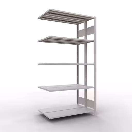 Aanbouwrekken, dubbele rekken, stellingsysteem MULTIplus150, 2000 x 1000 x (2x300) mm (HxBxD), 2x5 planken, lengtestangen, RAL 7035 lichtgrijs, dubbele planken, art.nr. 33135